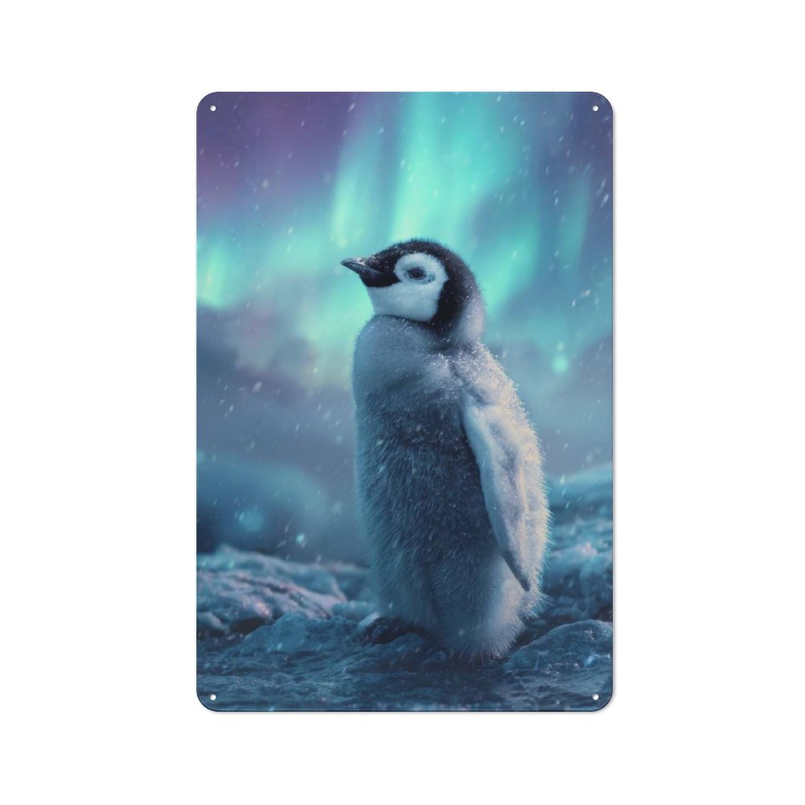 Junmoney Penguin Chick Under Aurora Borealis Rustic Metal Sign 30X20cm For Living Room Wall, With Clear Rustic Wall Decor Character