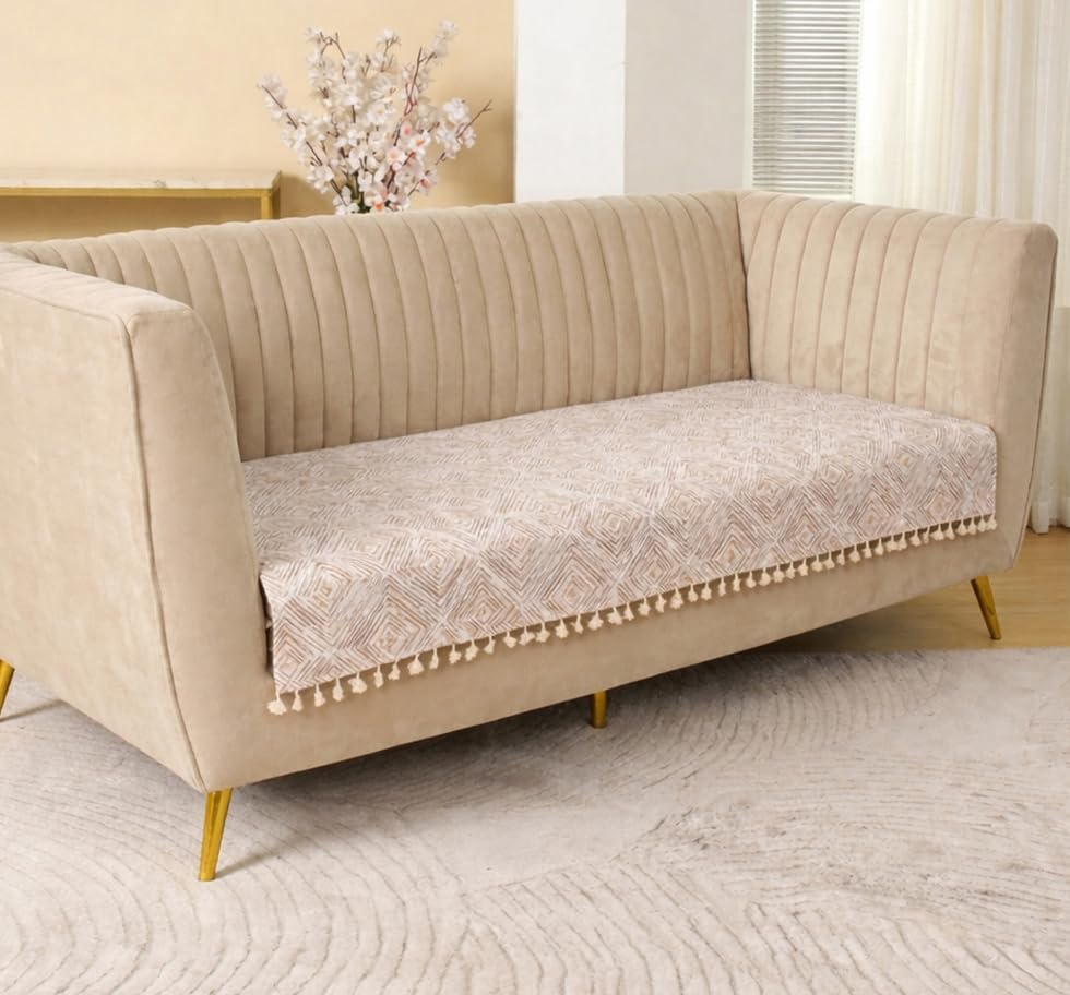 Image of HOMEMONDE 2 Seater Quilted Velvet Printed Sofa Cover with Tassels |Soft, Durable & Premium Fabric with Tassels | Sofa Cover Mats for Living Room, Bedroom & Office (76 X 122 CM, Tribal Lattice)
