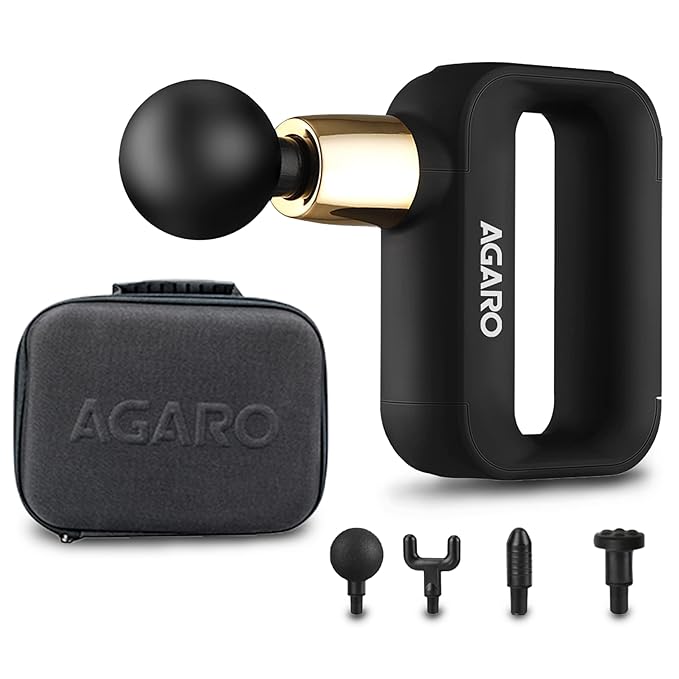 AGARO Insignia Handheld Percussion Massage Gun, Portable, Brush Motor, Rechargeable, 4 Heads, 32 Speed Settings for Deep Tissue Body Massage, Pain Relief, with Carry Case, Battery Powered, Black at Rs. 1999