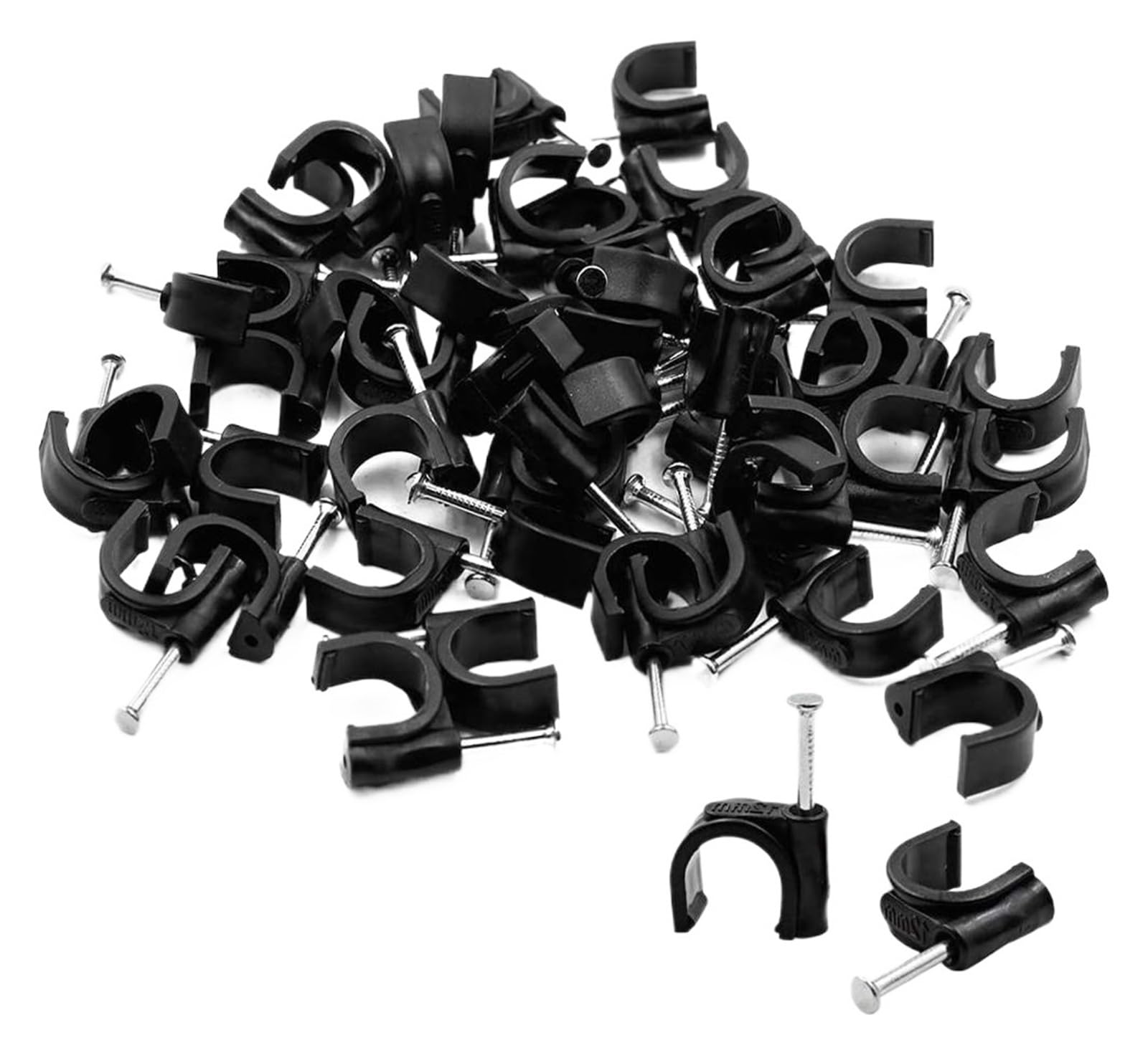 Gwoździe Zaciski do kabli 100 sztuk, stalowy zacisk drutu, tworzywo PE, okrągła rurka 7 mm/6 mm, w kształcie litery C, czarno-biały(Black)
