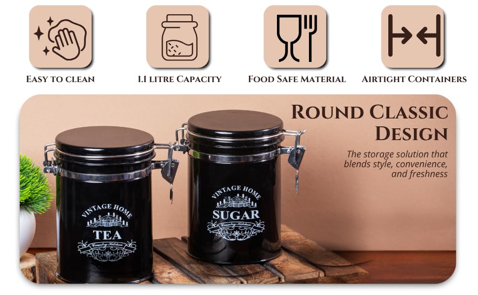 Image of Metallure Home Clip-Lock Round Classic Tea Sugar Container Set of 2 | Metal Container for Kitchen Storage | Airtight Jar Set | Food-Safe Tea Jars for Kitchen (Black)