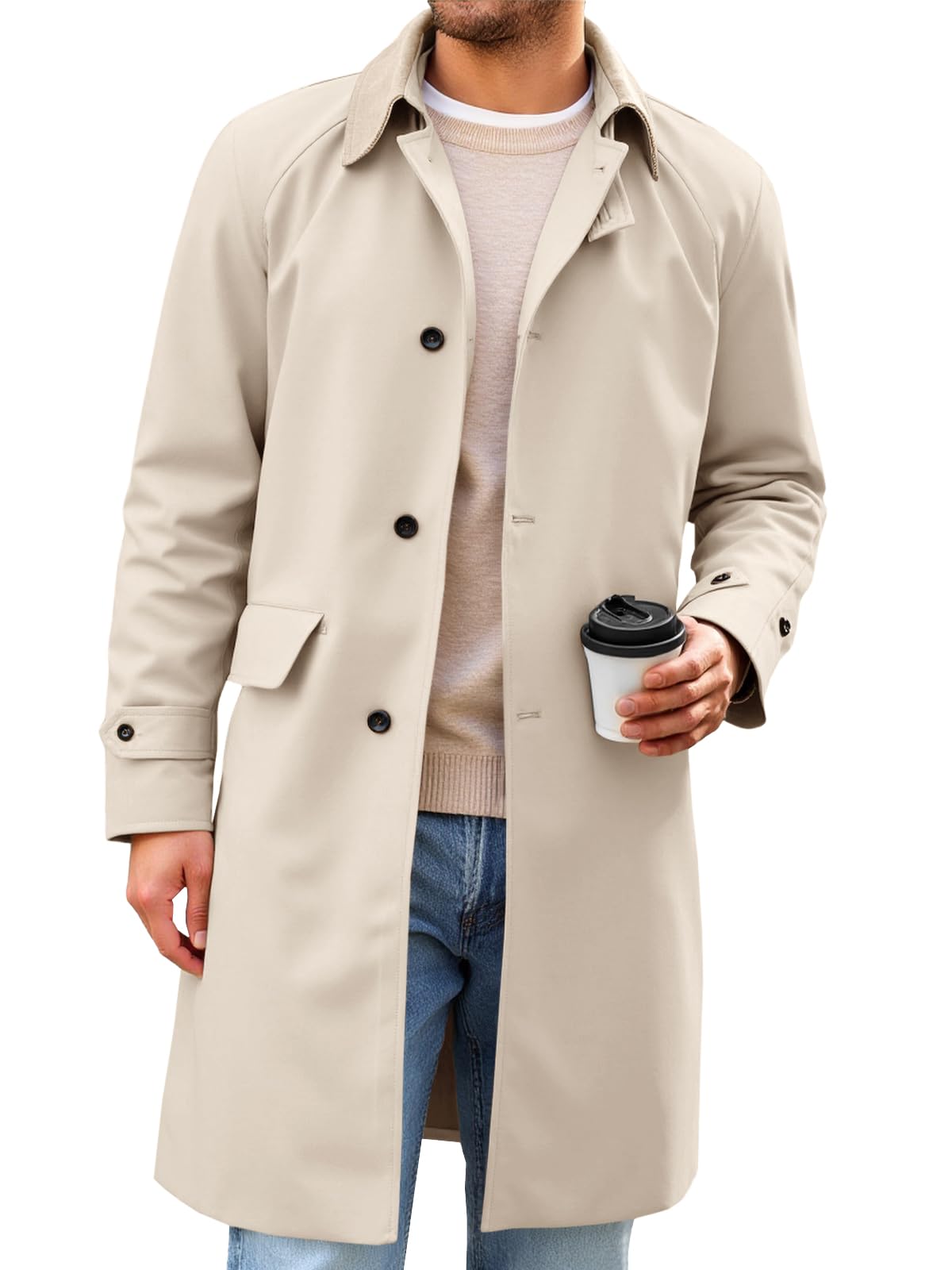 Mens Trench Coat Single Breasted Corduroy Lapel Long Jacket Fall Casual Vintage Windbreaker Overcoat