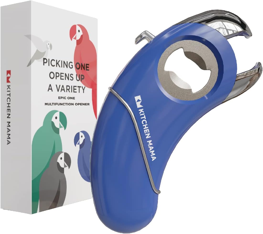 Kitchen Mama Epic One Multifunctional Opener - Opens Bottles with Screw Caps and Crown Caps, Cans, Pull Tabs and Jars - Ergonomic, Arthritic Hand Friendly - Blue