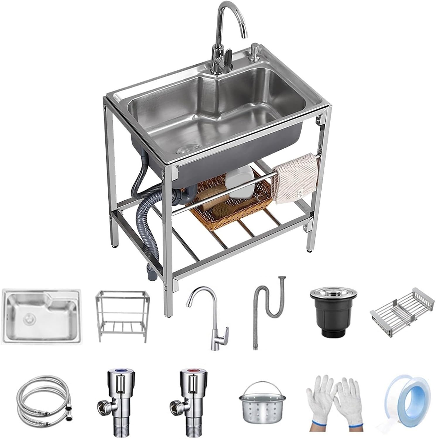 Commercial Multifunctional Bar Sink, Household Large Capacity Practical Kitchen Sink with Hot and Cold Faucet, Outdoor Garden Freestanding Sink with Stand, Suitable for Kitchen, Restaurant ( Size : 68