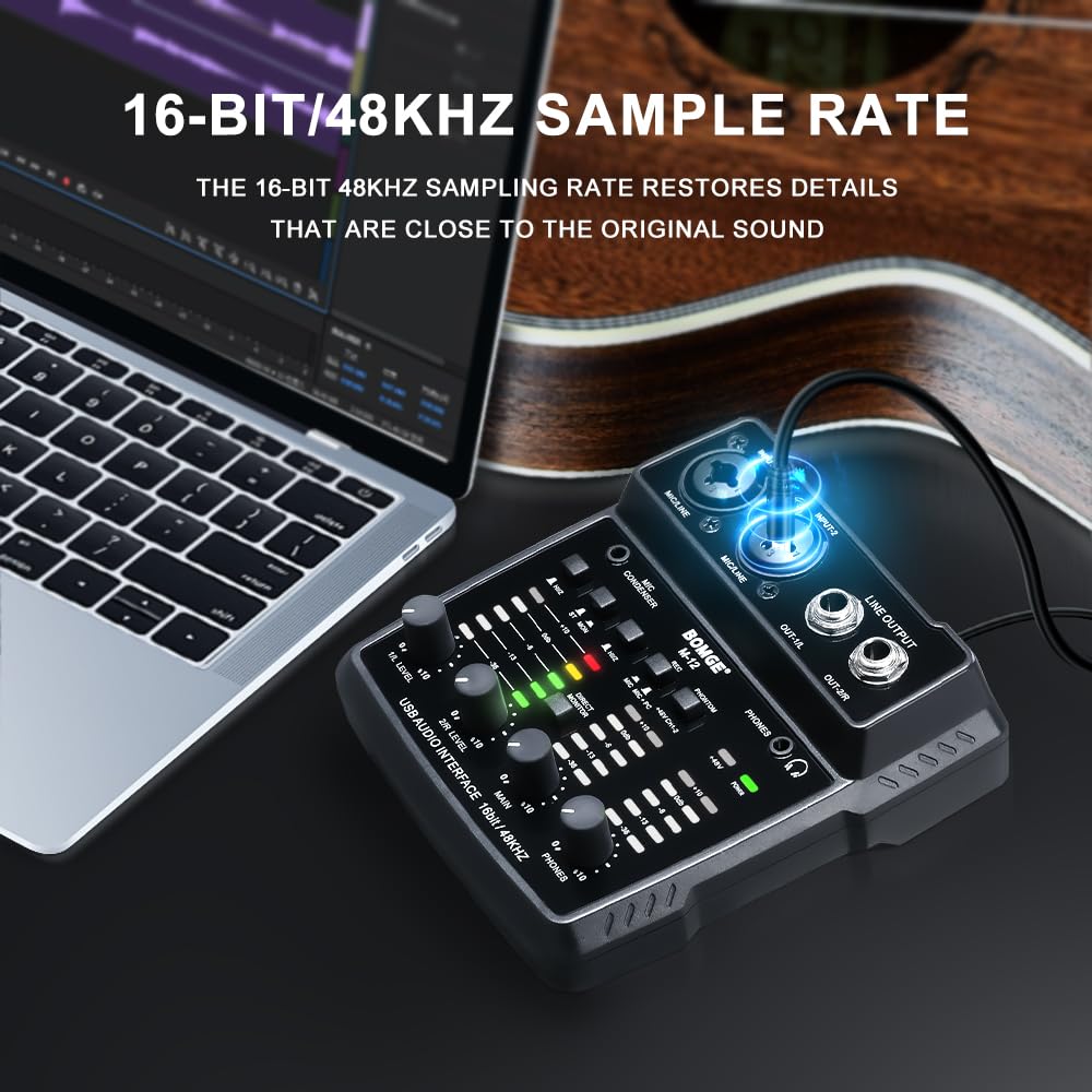 BOMGE Interfaz de audio USB M12, mezclador de 2 canales, entrada XLR/3.5 mm, fuente de alimentación de 48 V, tarjeta de sonido para grabación de PC, estudio, espectáculo en vivo, karaoke, Plug & Play