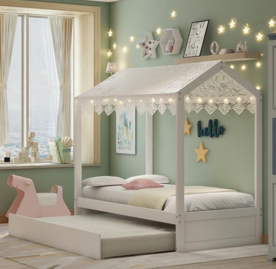 Bellemave Twin Size House Bed with Trundle, Playhouse Bed, Wooden Montessori Beds with Roof for Kids, can be Decorated, White