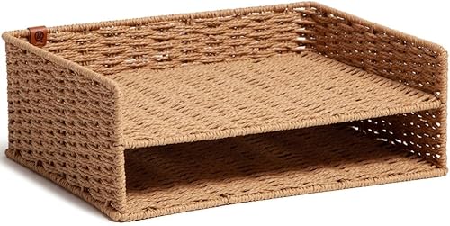 U Brands Bandeja de papel tejida de dos niveles, suministros de organización de oficina de mimbre inspirados en ratán, 1 unidad