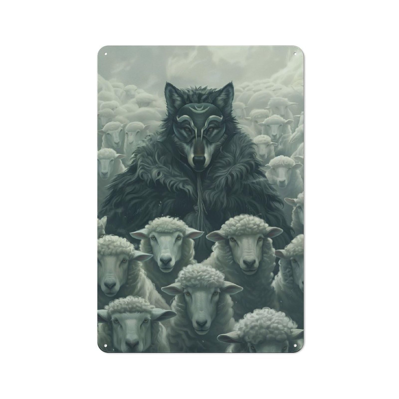 Junmoney Wolf Mask Sheep Leader Retro Metal Sign With Design 30X20cm, Weathered Look Shed Wall Plaque For Garage, Workshop, Shed Or Utility Room