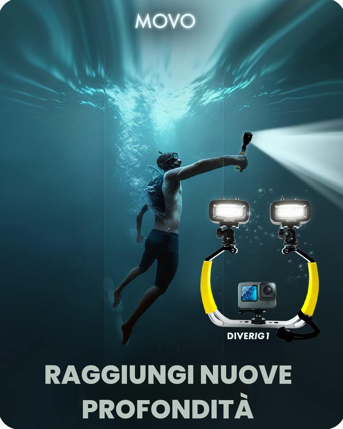 Movo DiveRig1 XL Diving Rig Bundle con luci LED impermeabili - Compatibile con GoPro Hero, HERO5, HERO6, HERO7, HERO8, HERO9, HERO10 e DJI Osmo Action Cam