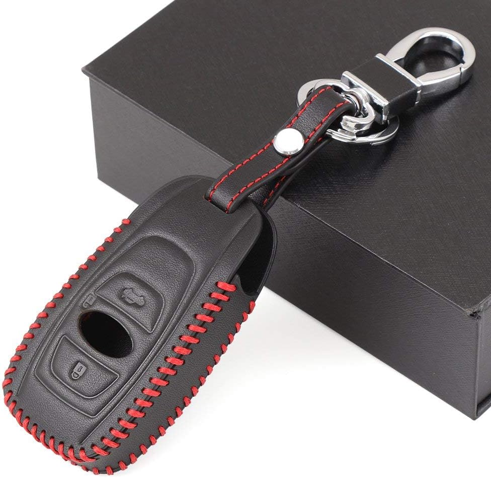 Leather Keyless Entry Remote Control Smart Key Case Cover with A Key Chain for Subaru Forester, Impreza, Outback, WRX, BRZ, XV Crosstrek (4 Buttons, Black/Red)