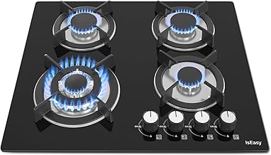 IsEasy Plaque Gaz 4 Feuxs Encastrable, Plaque de Cuisson Gaz 4 Feuxs Verre, Table Gazs 60cm, Gazs Bouteille et Ville, Avec buse NG/LPG