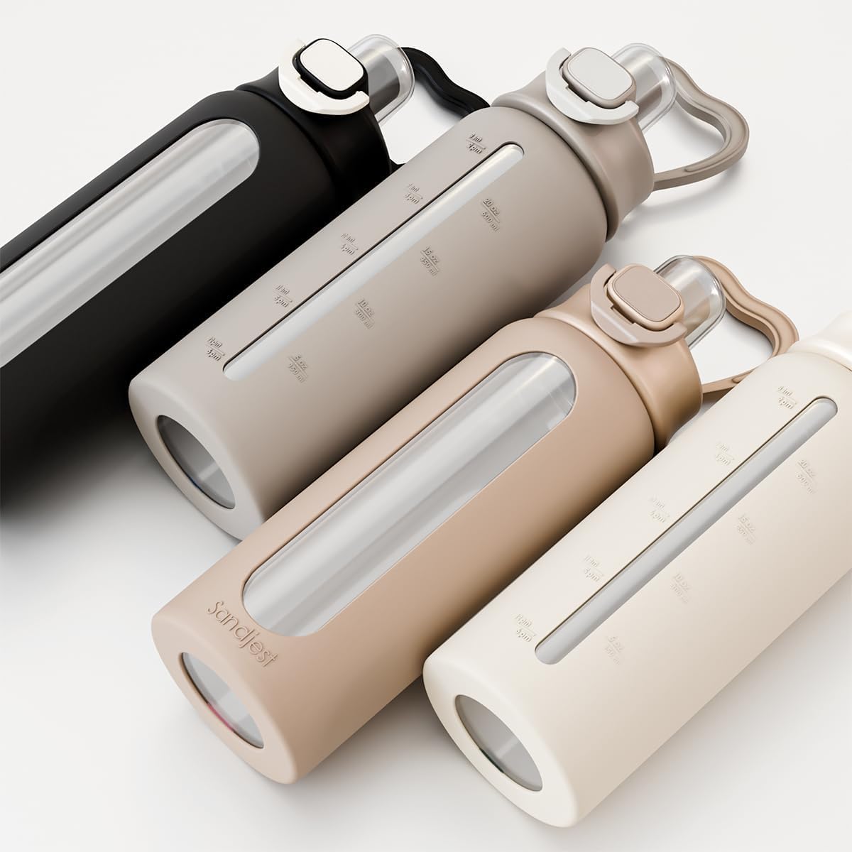 SANDJEST Glass Water Bottle with Silicone Sleeve 24oz with Lid, Motivational Time Marker, Drinking Hydration Glass Bottles for Men Women, Gym Travel Sports (Beige) - Image 5