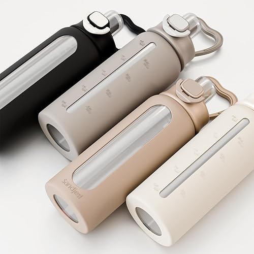 Miniatura 5 de SANDJEST Botella de agua de vidrio con funda de silicona de 24 onzas con tapa, marcador de tiempo motivacional, botellas de vidrio de hidratación