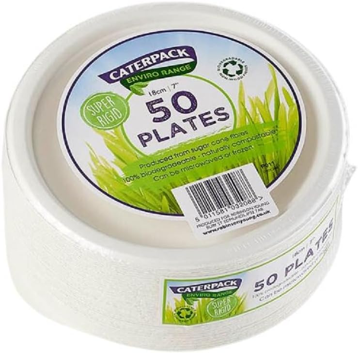 Caterpack Enviro Range Plates 18cm 50 Pack Super Rigid 100% Biodegradable Plates, Naturally compostable, Eco-Friendly, Non Plastic Alternative, Microwave and Freezer Friendly
