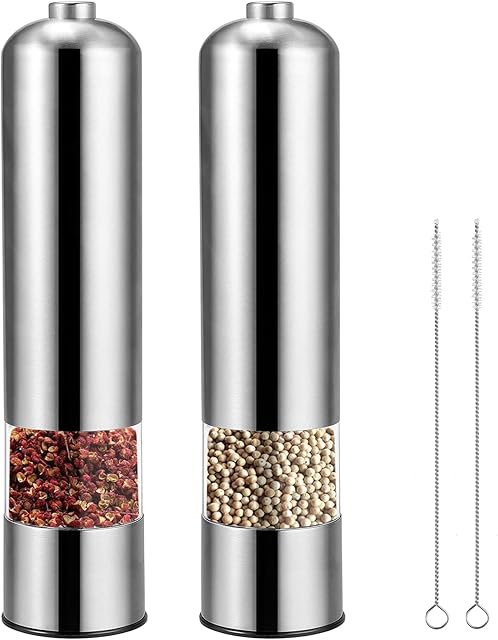 Electric Salt and Pepper Grinders, HOMGEN Battery Salt and Pepper Ceramic Mill with 3 Adjustable Grind Modes Stainless Steel Pepper Mill Salter for Rock Salt, Pepper, Dried Herbs, Spices