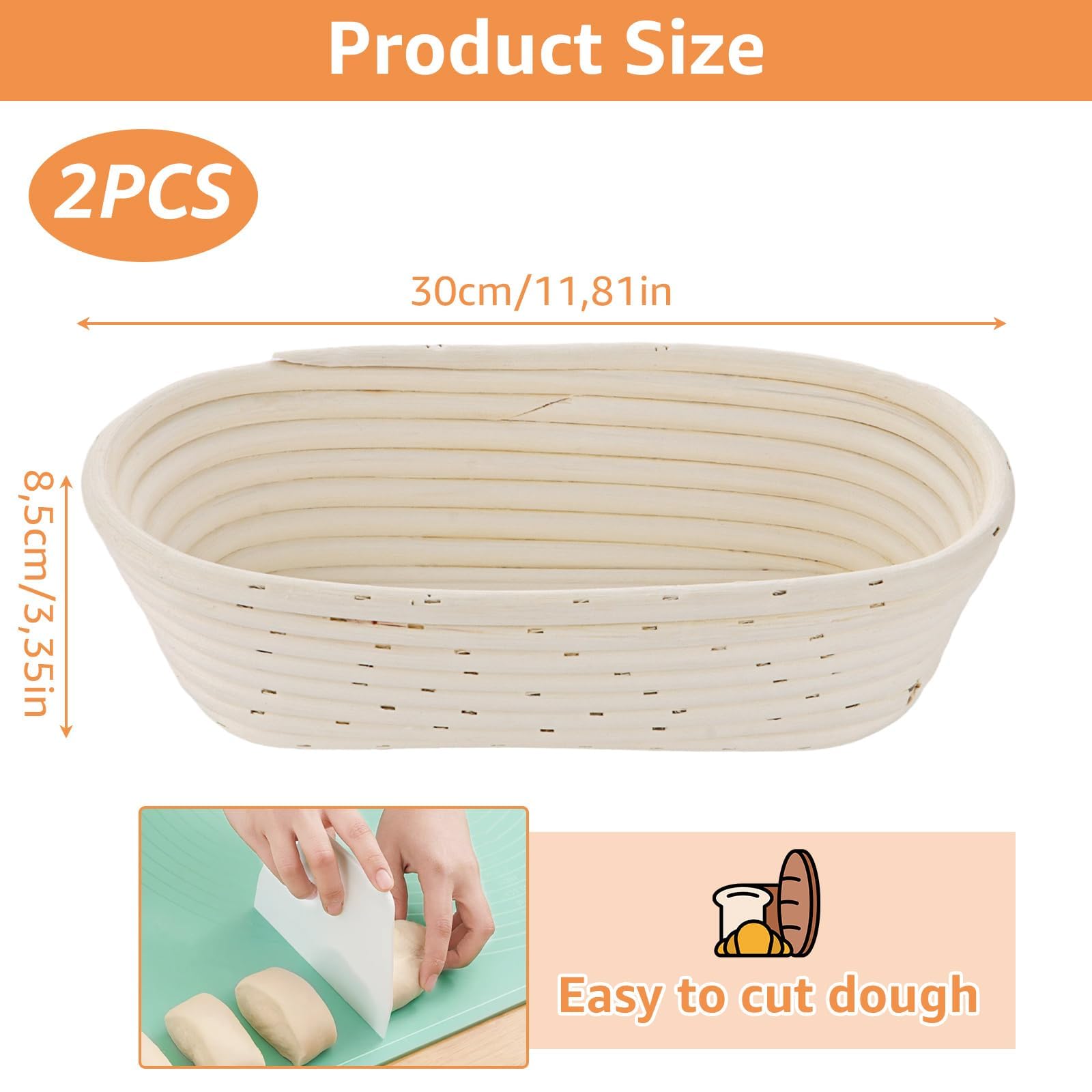 Lot de 2 paniers de fermentation ovales de 30 cm avec chiffon en lin et pinceau à huile en silicone, panier de fermentation pour la cuisson du pain et de la pâte à pain