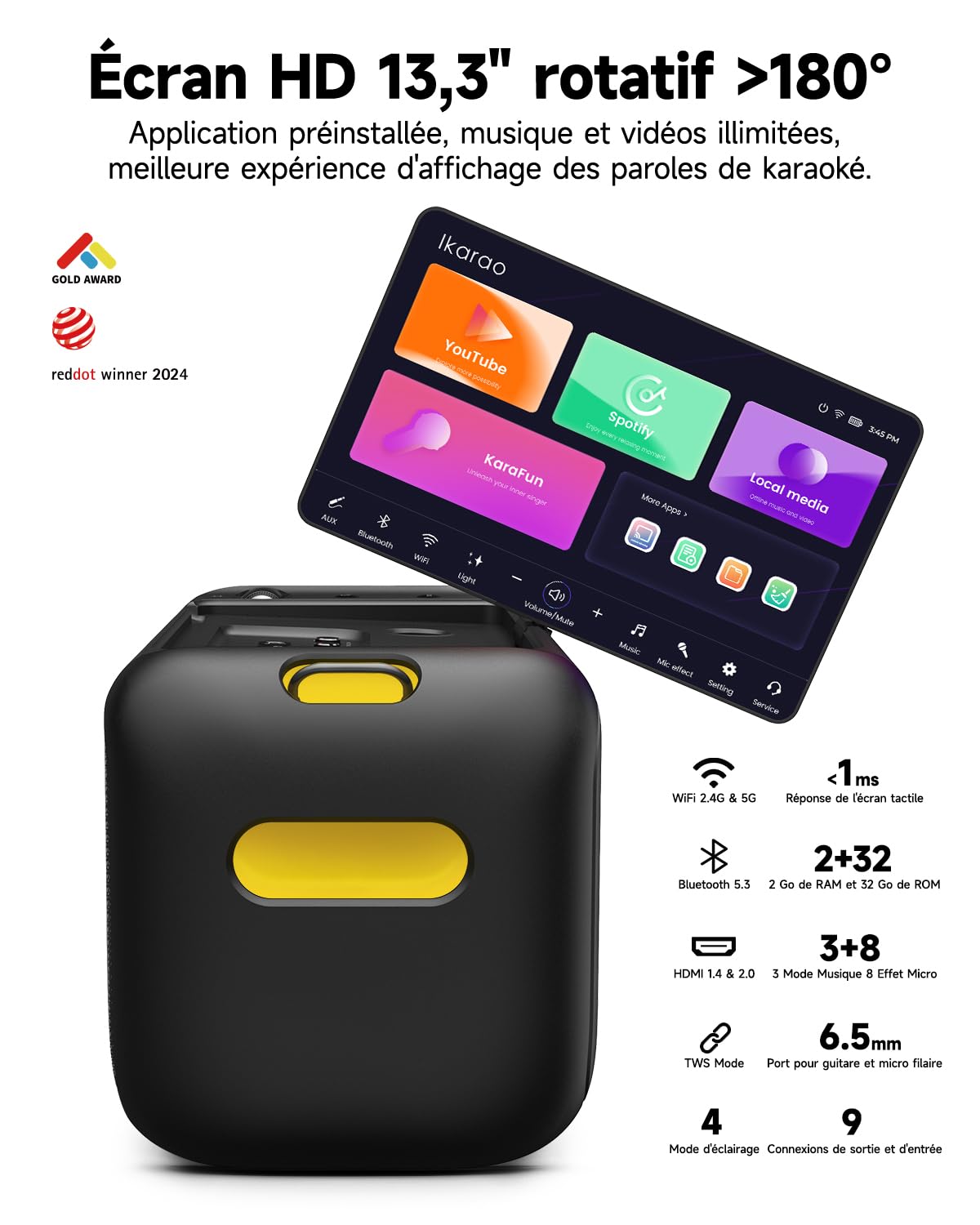 Ikarao Break X1 Machine de Karaoké avec Écran Tactile 13,3", Enceinte Bluetooth 800W, 2 Micros sans Fil et Éclairage LED – Idéal pour Anniversaires, Soirées et Événements Polyvalents