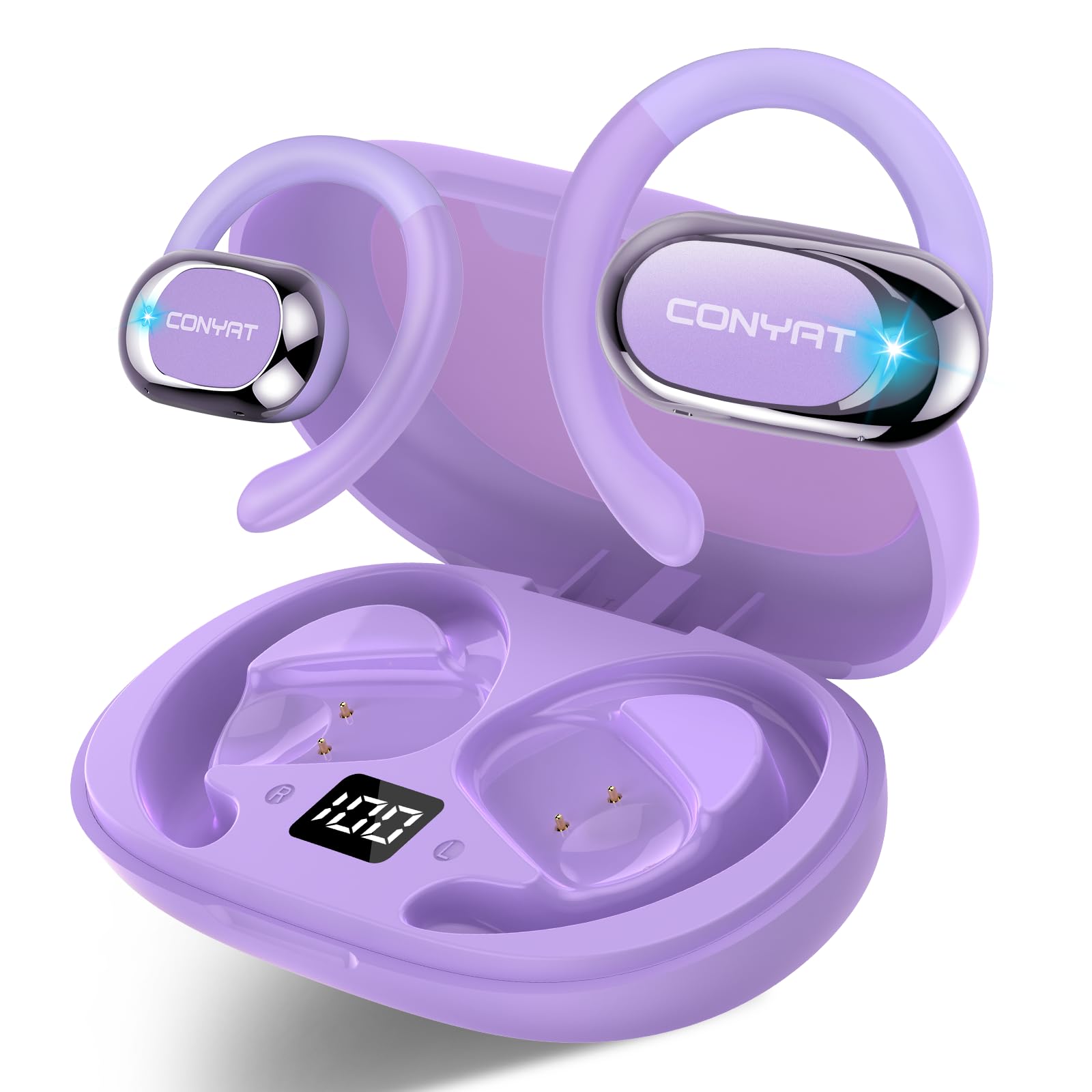 Open Ear Headphones, 58H Playtime Bluetooth 5.4 Wireless Earbuds with Immersive Stereo, Air Conduction Earphones with HD Mic, ENC Clear Calls/LED Display/IPX7 Waterproof Open Ear Earbuds, Purple