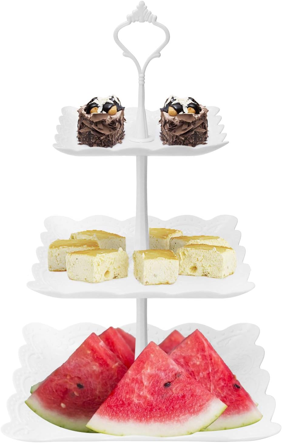 3 Tier Cupcake Stand, Plastic Tiered Serving Stand, Square Dessert Tray for Tea Party, Birthday and Wedding (Pure White)