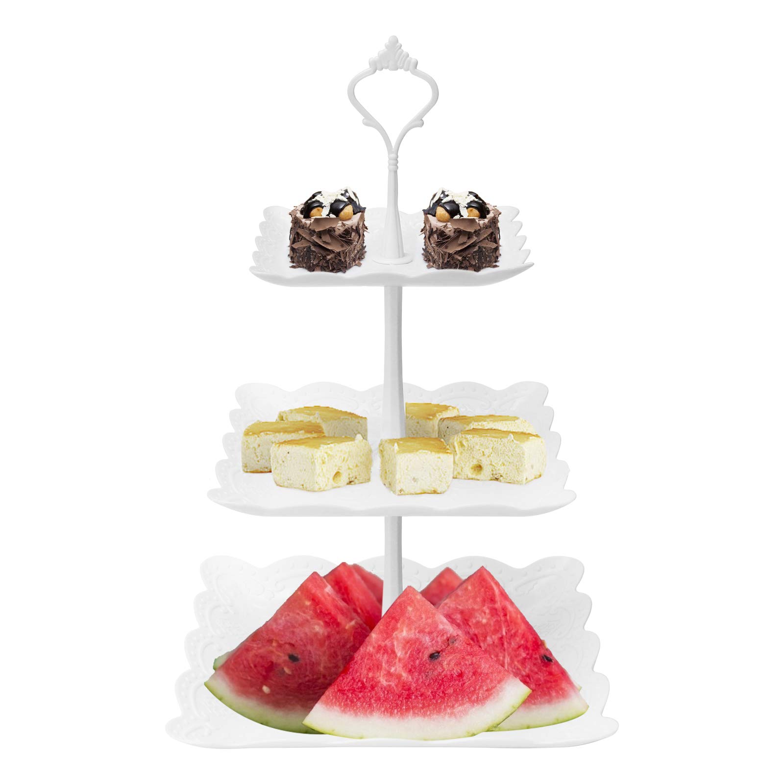 Coitak 3 Tier Cupcake Stand, Plastic Tiered Serving Stand, Square Dessert Tray for Tea Party, Birthday and Wedding (Pure White)