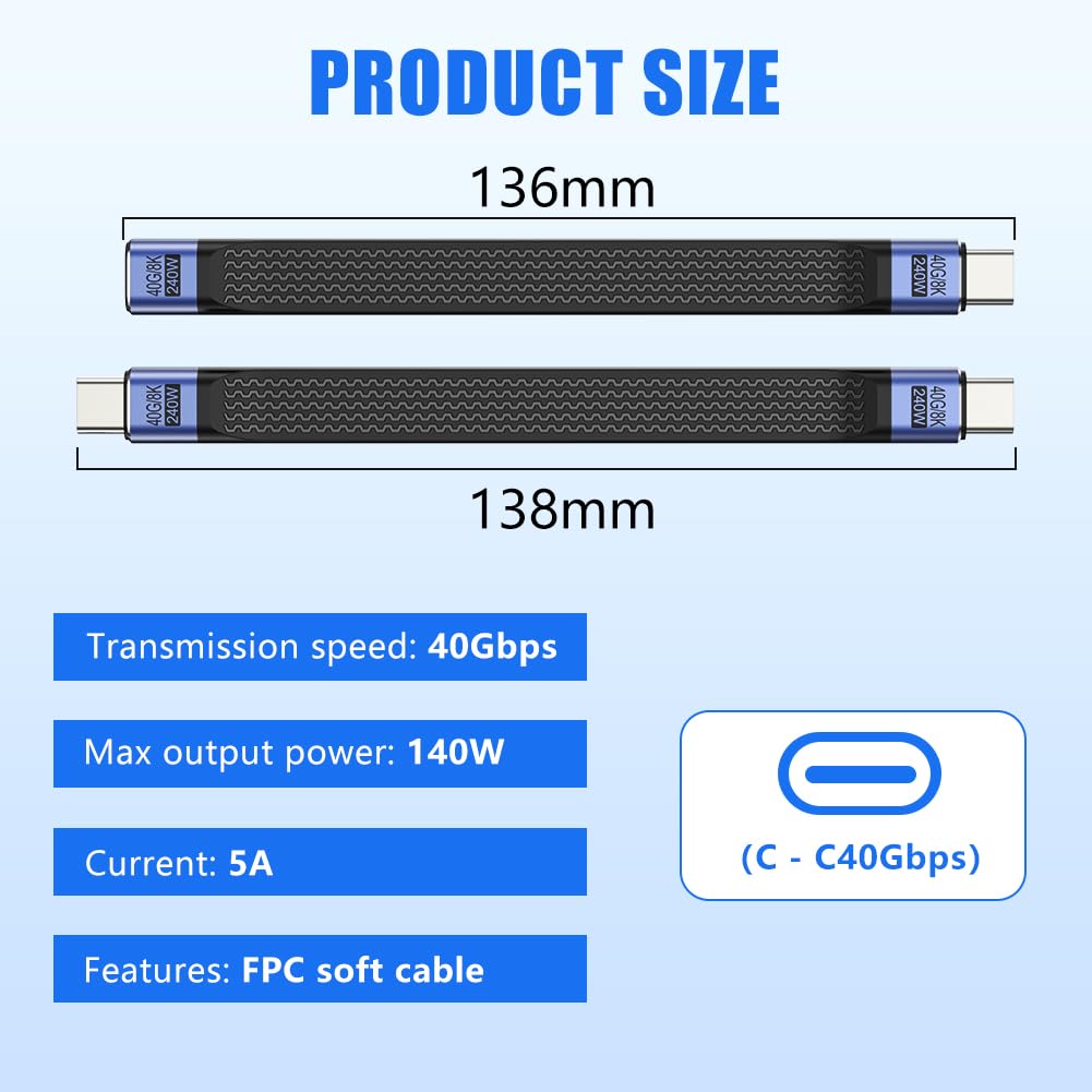 OFFCUP Kabel USB C Court, 2 szt. 240 W Typ C Mâle Vers Mâle/Femelle 40 Gbps Kabel do szybkiego przesyłu danych Souple FPC Mini-USB do telefonu Przenośny smartfon Tablet Appareil