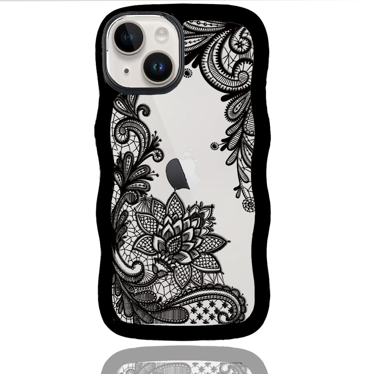 HUIYCUUHUIYCUU Cute Clear Design 3D Curly Wave Ripple Frame Edge Colorful Glitter Black Flowers Lace Mandala Pattern Print Soft Silicone Bumper Slim Case for Women Girls (Black,for iPhone 13 Pro Max)