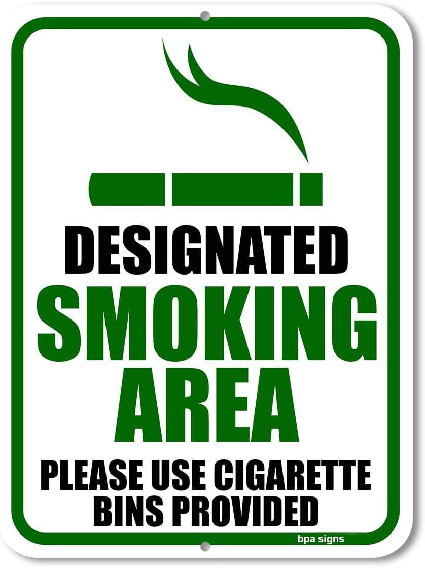 BPA® No Smoking Sign, Designated Smoking Area 9 inch by 12 inch Metal Aluminum No Smoking Signs for Business, Made in USA