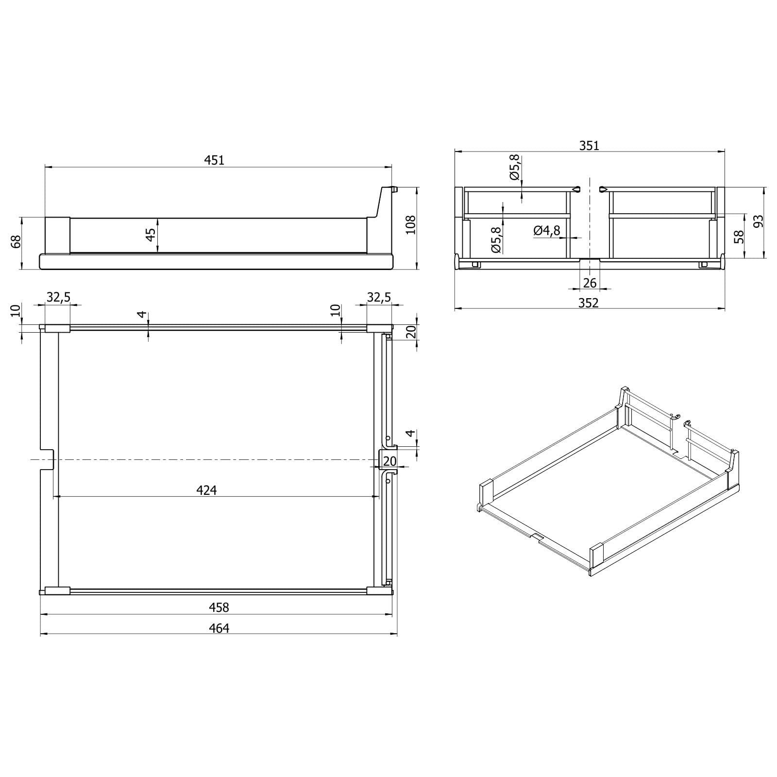 SOTECH Arena Einhängetablar 400 mm (352 x 464 x 108 mm) Silbergrau mit Glasreling für Apothekerauszug DISPENSA, DISPENSA junior & DISPENSA Swing, Kesseböhmer