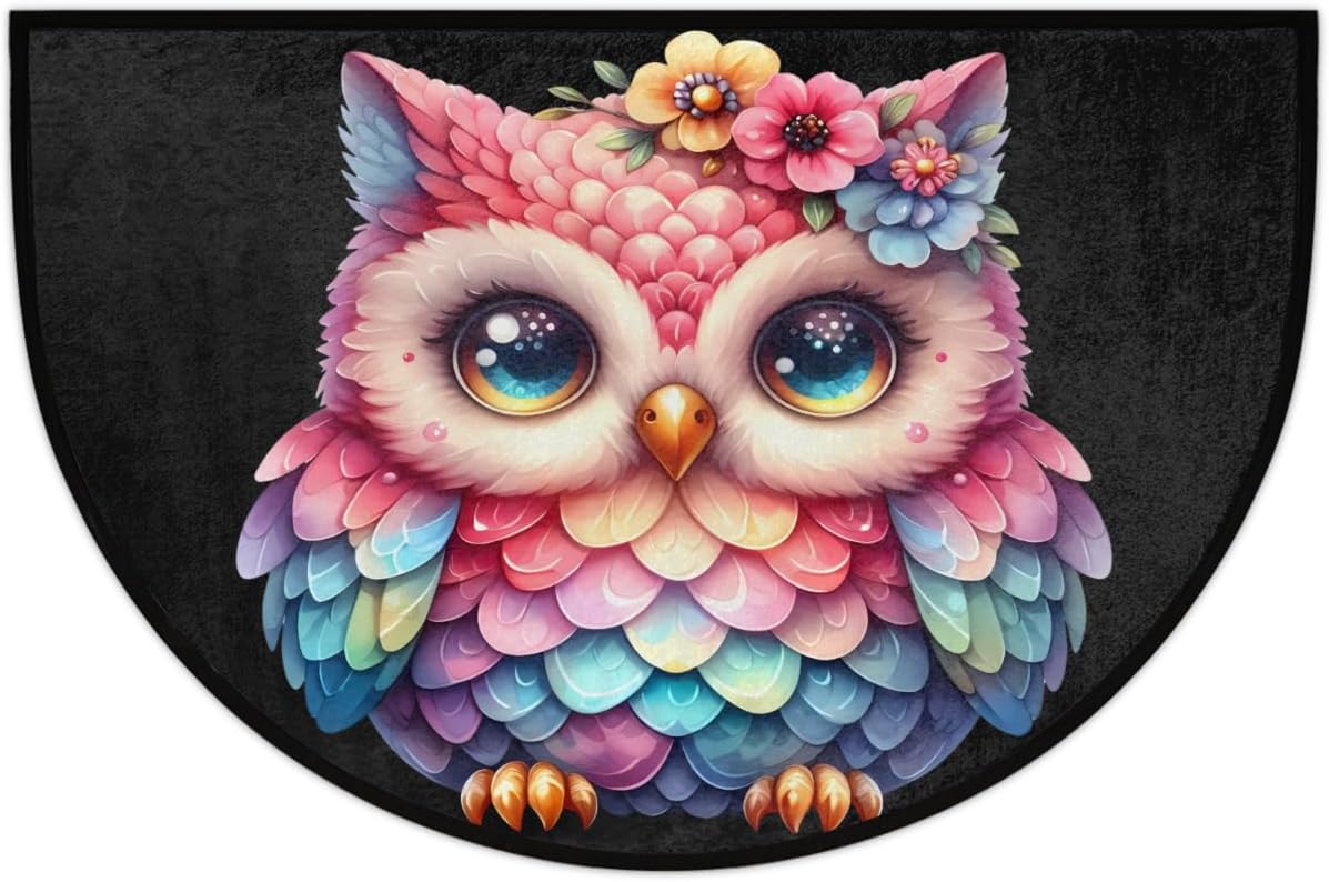 Half Round Door Mat Color Animal Owl Semi Circle Area Rug Washable Half Moon Bathroom Rugs Entryway Rug for Indoor Outdoor Kitchen Hearth Fireplace Floor Welcome Carpet Low Profile