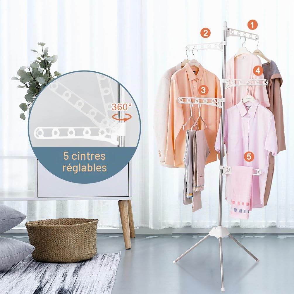 BAOYOUNI Sechoir à Linge Étendoir Pliable en Métal Trépied Etendoir à Linge Rabattable avecà 5 Bras Peu Encombrant Facile à Installer, pour Intérieur et Extérieur, Ivoire