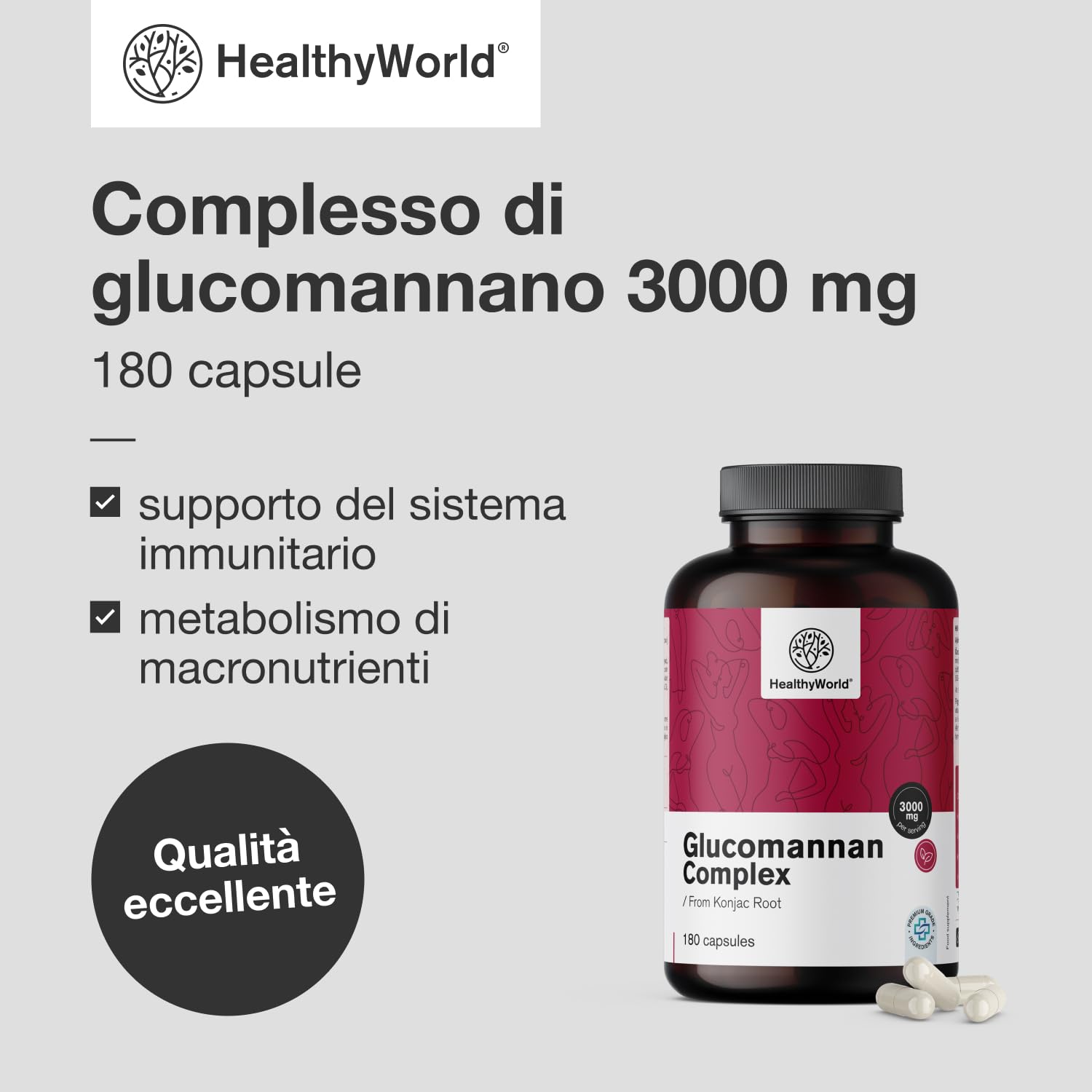 HealthyWorld Complesso di glucomannano 3000 mg – Dalla Radice di Konjac - 180 capsule - Con aggiunta di Colina, Cromo, Vitamine D3 e B3 - Senza OGM - Scorta per 1 mese