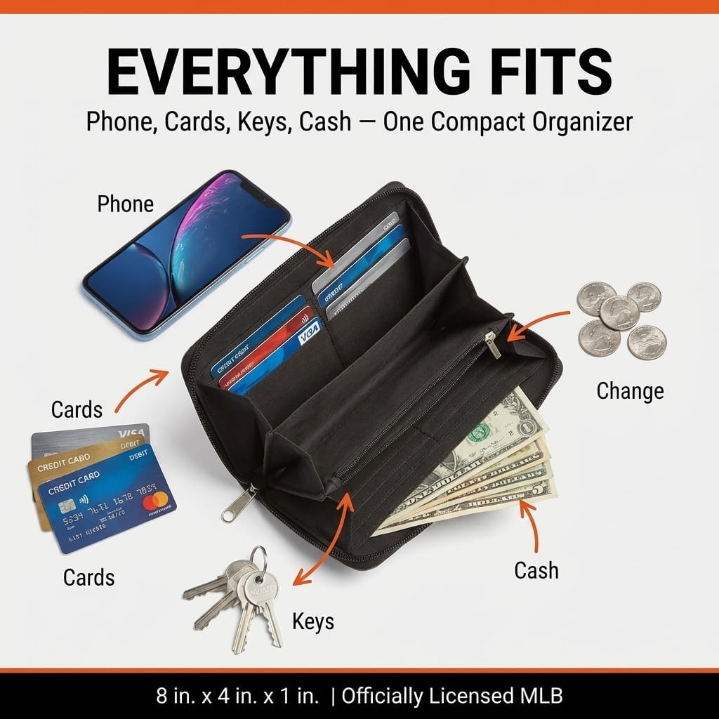 Littlearth MLB Baltimore Orioles Curve Zip Organizer Wallet, Wristlet and Wallet in One, Team Color, 8 x 4 x 1 Inches