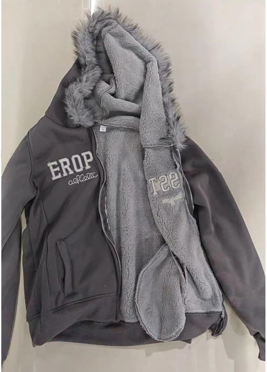 Y2k Zip up Hoodie Fur Jacket Emo Grunge Crop Winter Coats Teen 2000s Vintage Clothes Women Streetwear - Image 8