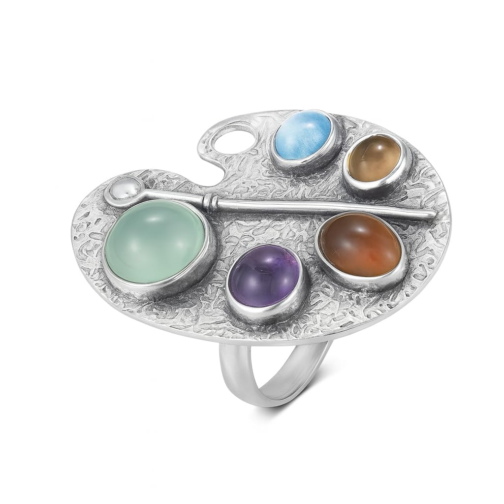 Artistic Painter’s Palette Finger Ring – Silver Plated Adjustable Ring with Multicolor Stone Cabochons – Unique Bohemian Jewelry for Women & Girls
