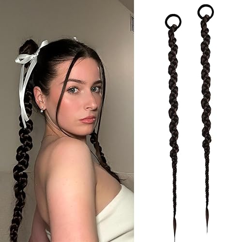 Dreamlover Extensiones de cola de caballo largas trenzadas para mujeres, extensiones de cabello trenzado de cola de caballo con lazos para el