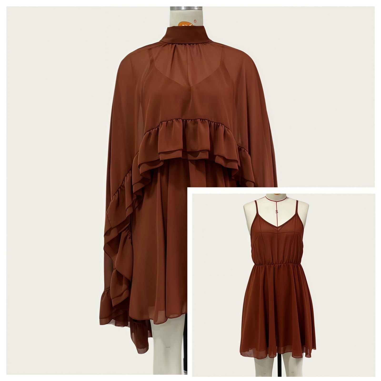 Generico Abito Estivo Corto ed Elegante in Chiffon Semitrasparente con Volant e Mantella Esterna; Maniche a Poncho, Collo alla Coreana e vestibilità Morbida e fluida
