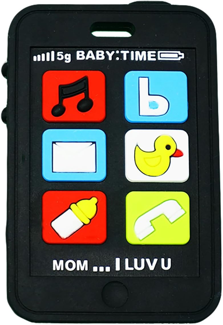 Cell Phone Teether | Cute Baby Teether Black | Kids Pretend Play Toy Fake Phone for Babies | Mobile Telephone Silicone Teething Toy | Infant Pain Relief Apple Smart | Silly Chew Toy