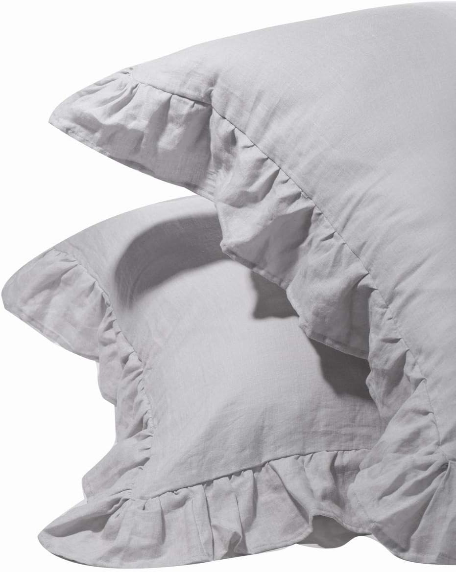 MEADOW PARK Stone Washed French Linen European Pillow Shams, Set of 2 Pieces, 26 inches x 26 inches Square Euro Sham, Super Soft, Ruffles Style, Beige Color