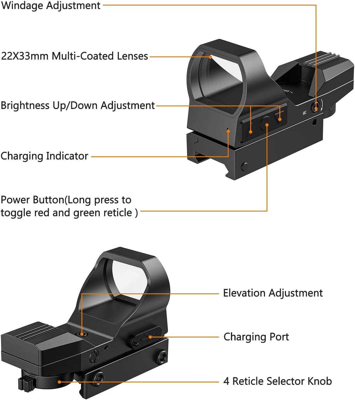 MidTen Rechargeable Motion Awake Green & Red Dot Sight, 4 Adjustable Reticles Reflex Sight Scope Paintball Optic for 20mm Picatinny Mount, Absolute Co-Witness