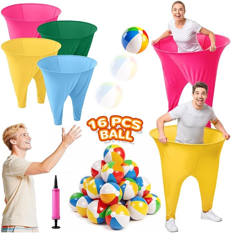 ROMANKAS Grandma Pants Outdoor Game 4 PCS Fun Party Game Pants with 16 Bouncy Balls and 1 Air Pump (Random Colors) Granny Pants Outdoor Games for Adults and Family Ring Toss Game Set