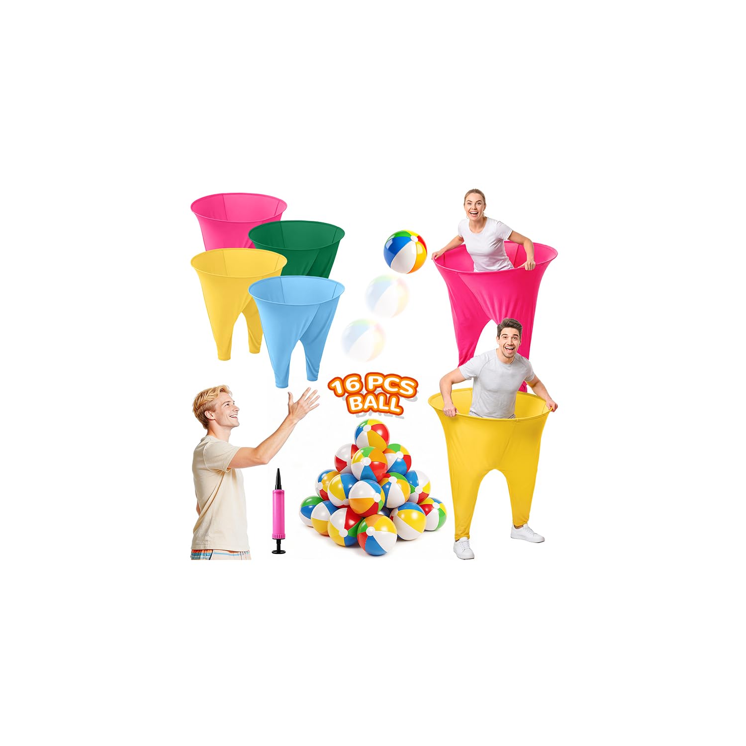ROMANKAS Grandma Pants Outdoor Game 4 PCS Fun Party Game Pants with 16 Bouncy Balls and 1 Air Pump (Random Colors) Granny Pants Outdoor Games for Adults and Family Ring Toss Game Set