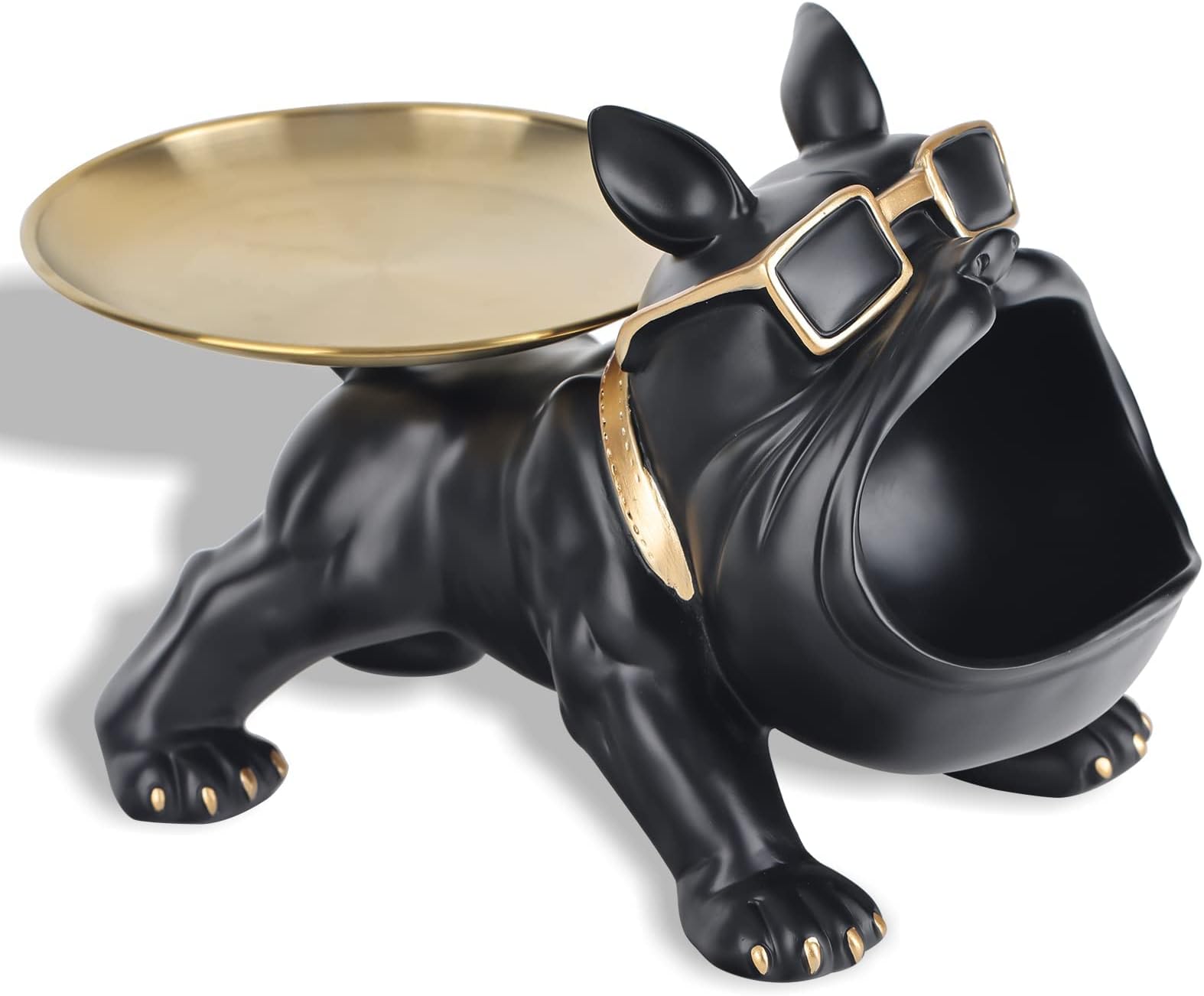 Big Mouth French Bulldog Decor, Black Bulldog Statues Home Decor, Butler Statue With Tray Storage Key Holder Candy Jewelry Tray,Suitable for Modern Decor Office Small Object Tray (Black)