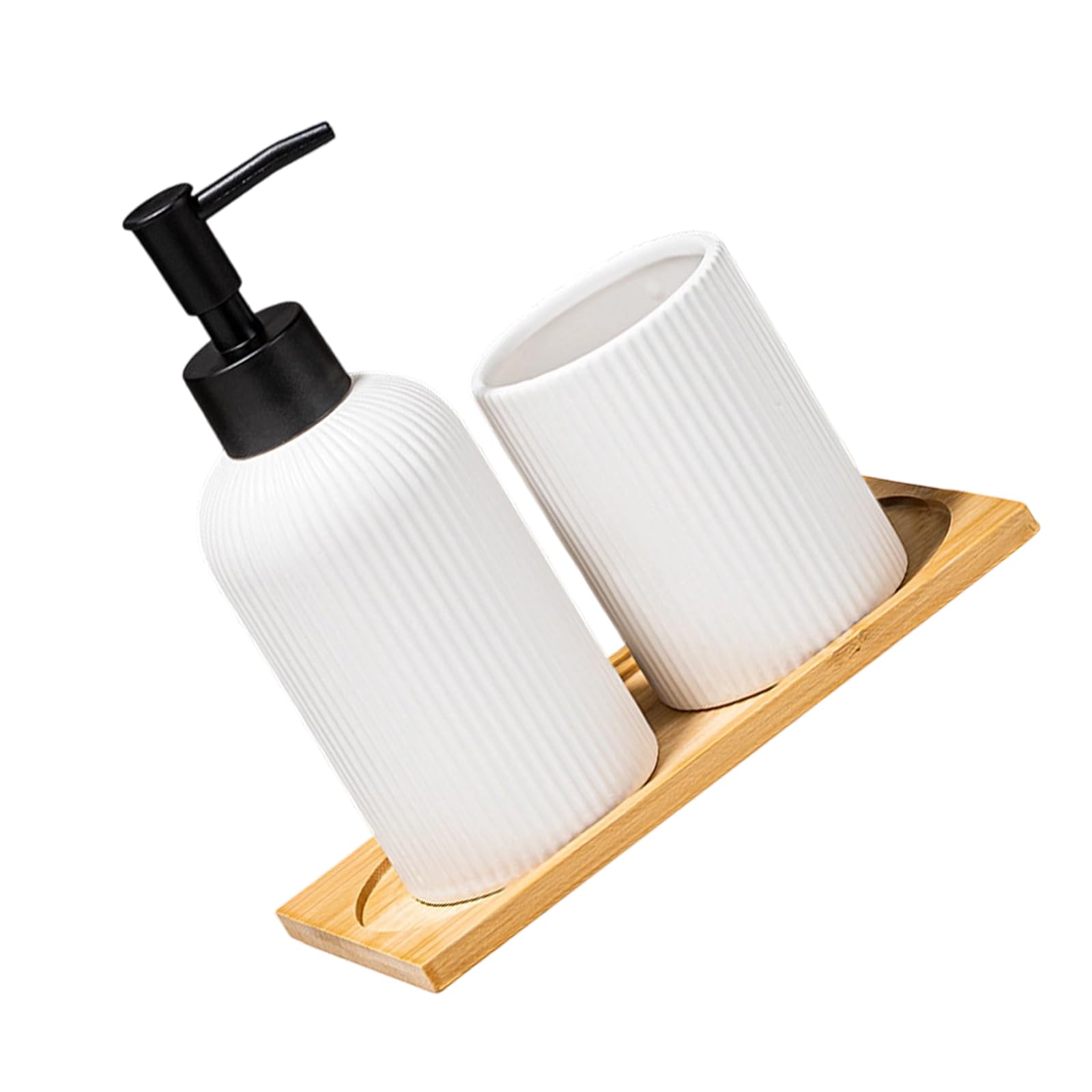 Of 3 Ceramic Soap Dispenser Set with Wood Storage Tray and Toothbrush Cup for Bathroom Countertop Display Decoration Bathroom Organizers Set