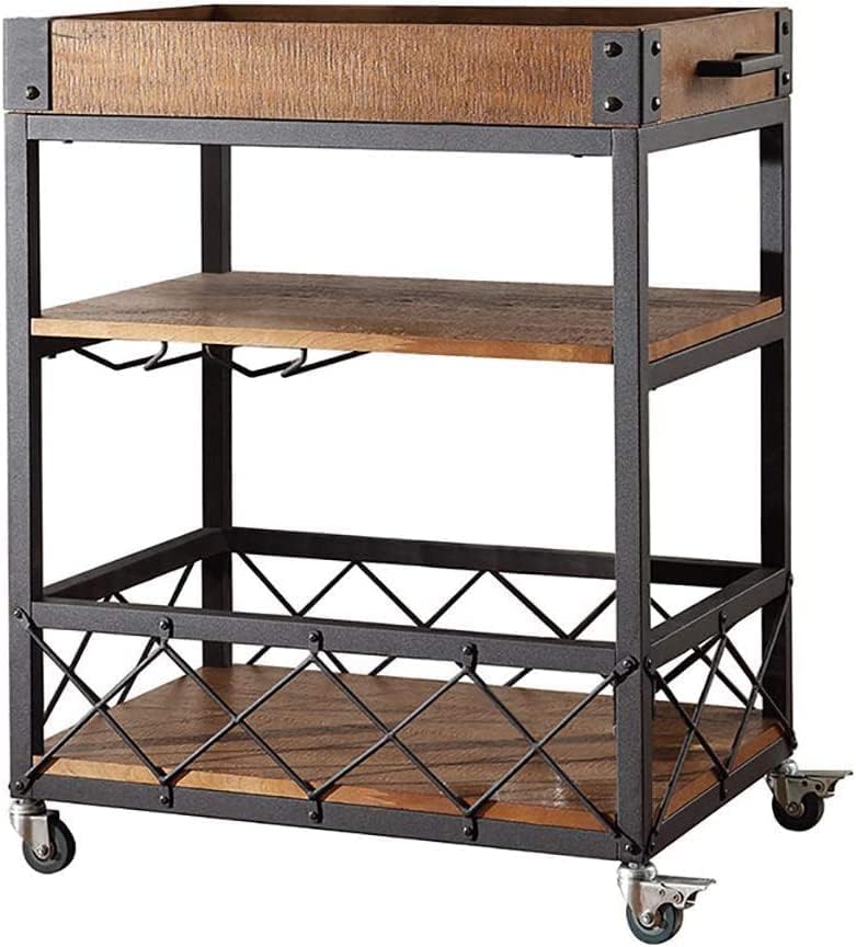 Carrito de servicio vintage de 3 niveles fabricado en madera noble y hierro forjado para restaurante
