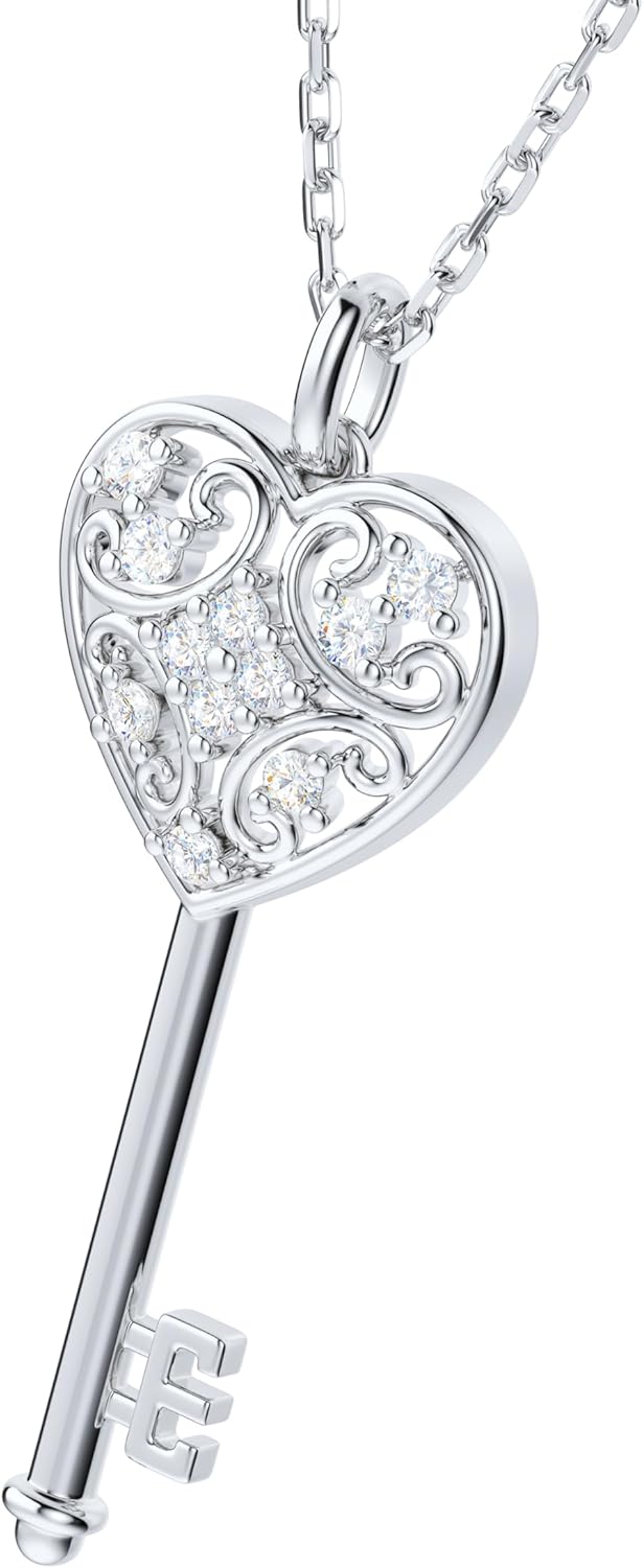 THELANDA Genuine Moissanite Sterling Silver Classic Filigree Key Pendant Necklace, Adjustable 18-20 Inch Chain with Lobster Clasp, Elegant Fine Jewelry Gift for Women - Image 2