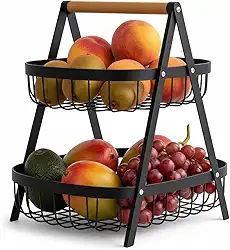 Fruteira de Mesa Metal com Alça de Bambu 2 Andares Compacta Moderna Organizador de Frutas Bancada Cozinha Decoração Natural