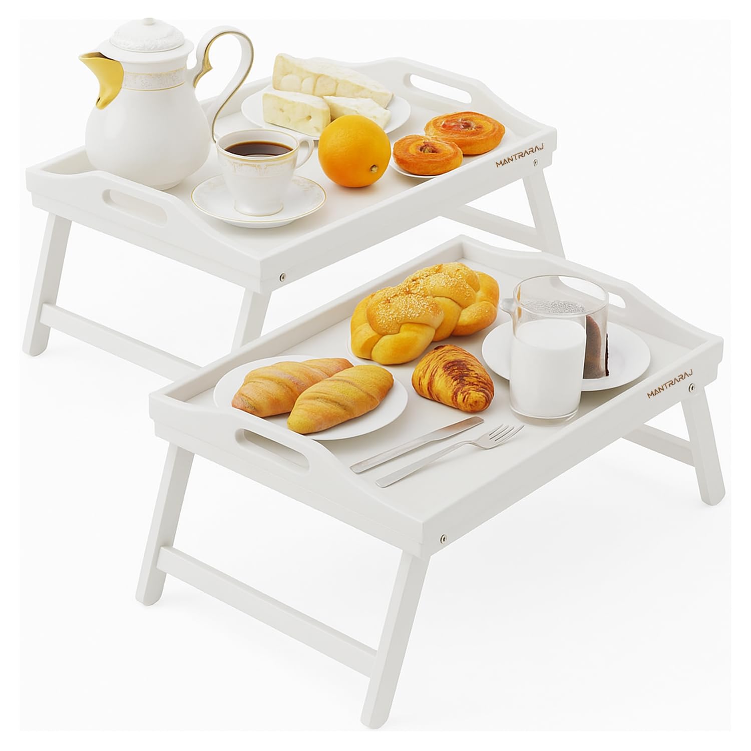 Mantraraj White Bamboo Bed Tray Table Pack Of 2 With Foldable Legs And Handles Breakfast Tray For Sofa, Bed, Eating, Platters, Working, Serving, Drawing, Laptop Stand, Wooden Snack Tray (White)