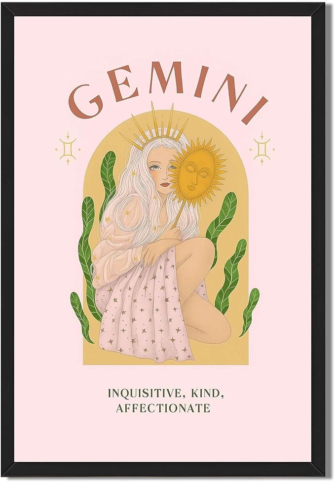Framed Gemini Zodiac Sign Woman Canvas Print Art, Boho Wall Art, Trendy Painting Pictures, Exquisite Wall Decoration, Art Print for Living Room, Bedroom Home Decor (Black Framed,24L X36W)