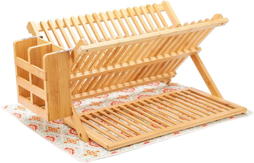 Bamboo Dish Rack, Dish Drying Rack Large, 3 Tier Bamboo Dish Holder, Collapsible Dish Drying Holder, Dish Drainer with Utensil Holder, Dish Organizer, Foldable, Large, Drying Mat included