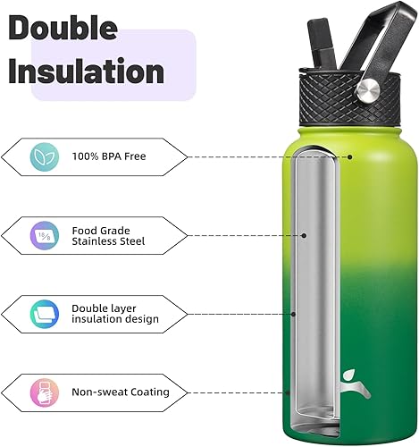 Miniatura 4 de Botella de agua aislada con popote, 32 onzas, 3 tapas, botellas de metal, botella de agua de acero inoxidable, Bamboo Grove